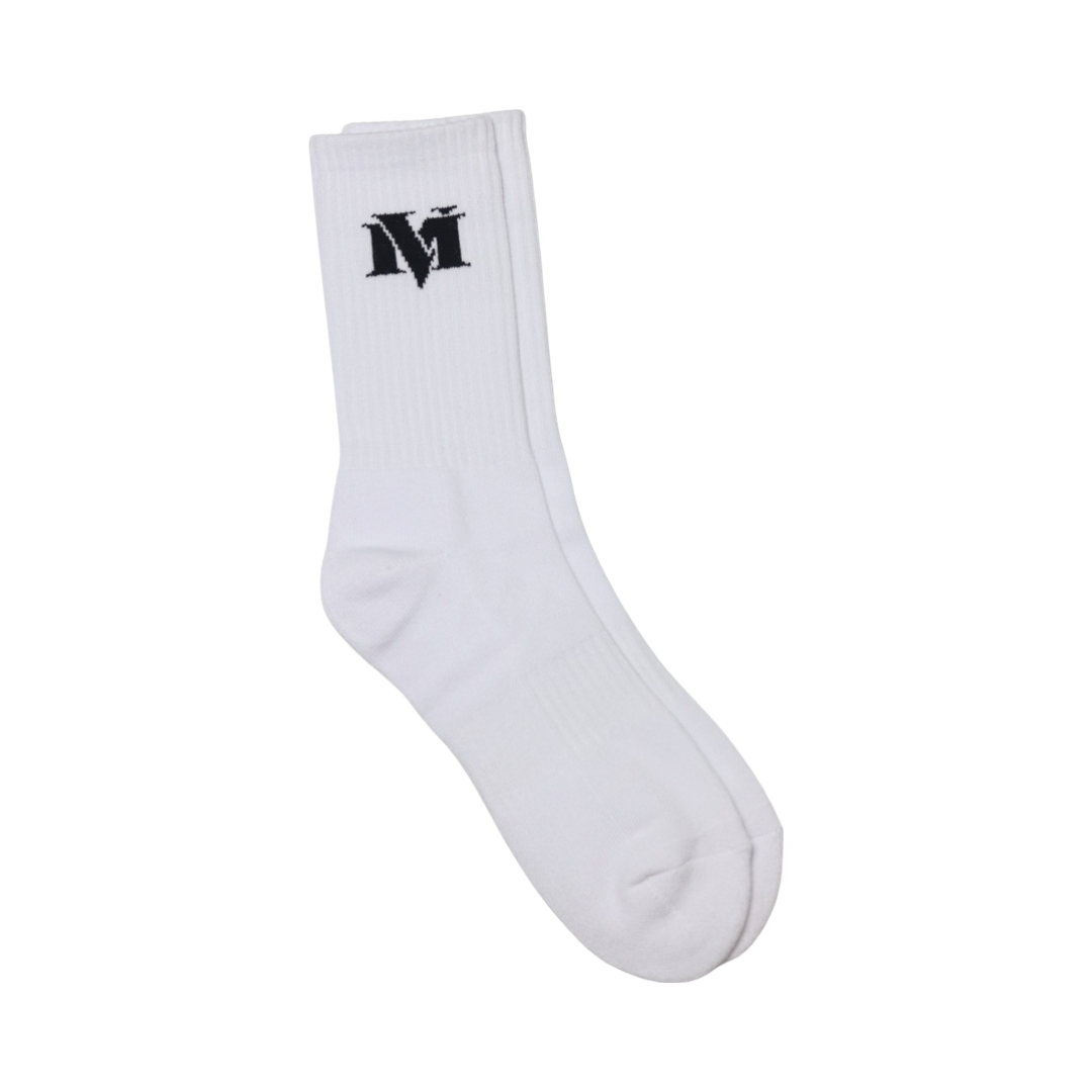 A pair of white socks with a black logo on the ankle area.